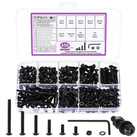 450 Piece M3 Screws Set, Allen Screws Nuts Set, Black Threaded Screws with Nuts with Washers Set, Pan Head Screws and Nuts, Bicycle Screws Set, with Key