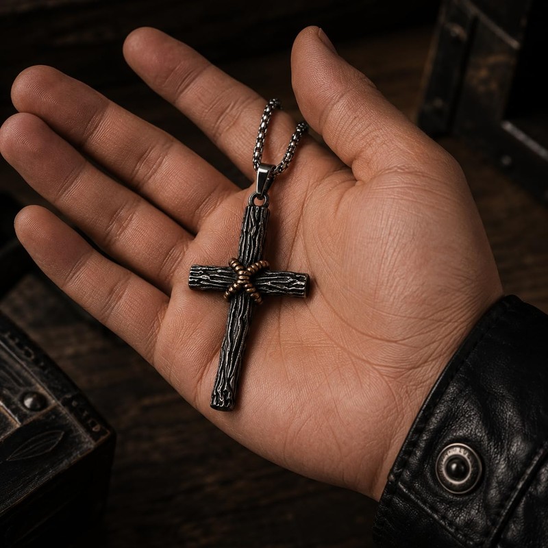 Rustic Cross Pendant Necklace, Stainless Steel Christian Faith Jewelry for