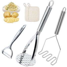 Set of 2 Potato Mashers Stainless Steel 27 cm Potato Masher for Masher Potato Dishwasher Safe with Loofah Sponge and Peeler
