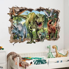 wondever 3D Large Dinosaur Wall Stickers Break Through Dino Jungle Dinosaur Peel and Stick Wall Art Decals for Boys Room Baby Nursery Kids Bedroom
