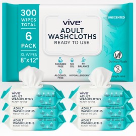 Vive Adult Wipes for Elderly (6 Pack - 300 Count - 8"x12") - Incontinence Disposable Washcloths for Women & Men - Shower Washcloths for Bathing No Rinse, Personal Cleansing - Unscented