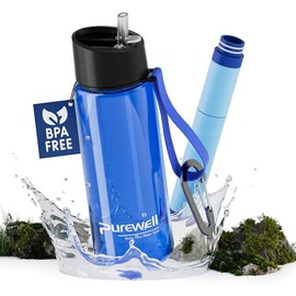 Purewell Filtered Water Bottle BPA Free with 5-Stage Integrated Filter Straw for Camping, Hiking, Backpacking and Travel - Color: Black