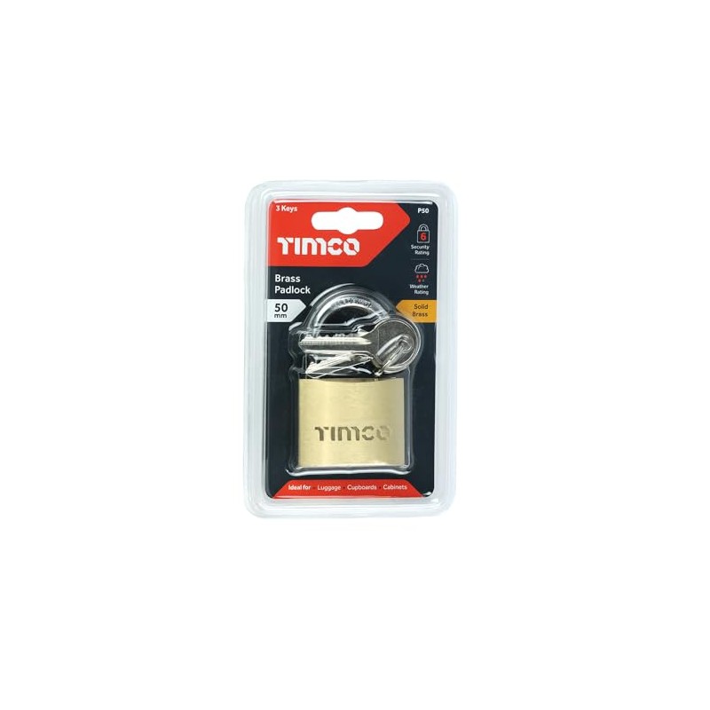 TIMCO P50 Brass Padlock-Ideal for luggage-cabinets-sheds-gates-50mm, 50mm