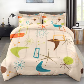 Pamnest Comforter Set King Size, Retro Geometric Science Soft 3 Pcs Bedding for Kids and Adults, Mid Century Vintage Atomic Comforter Set with Pillowcase, for Bedroom Bed Decor