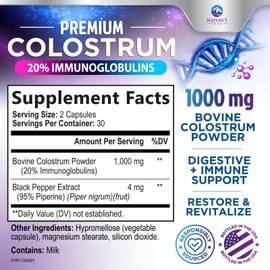 Bovine Colostrum Supplement 1000mg - with 20% Immunoglobulins (IgG) for Immunity & Immune Support, Energy & Gut Health, SP Colostrum Powder Pills, Gluten Free, Non-GMO & Bottled in USA - 60 Capsules