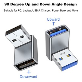 AreMe Adaptador USB 3.0 de 90 grados, paquete de 2 unidades, ángulo ascendente y descendente, USB A macho a hembra, convertidor extensor para PC, portátil, cargador USB A, banco de energía y más