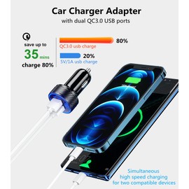 KEWIG Car Charger, Dual QC3.0 Port Fast USB Car Charger Adapter, 36W/3A Quick Charge Car Phone Charger with Blue LED & Touch Switch Fit for Phone 12/11 Pro/Max/8, Galaxy S21/20/10/9