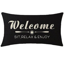 Nice Gift with Funny Words Letters Welcome Sit Relax and Enjoy Lumbar Black Cotton Linen Throw Pillow Case Cushion Cover Sofa Decorative Oblong 12x20 Inches