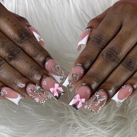 French Tip Press on Nails Medium Fake Nails with Charms Pink Bow Acrylic Nails Cute Design Square Glue on Nails 3D Flower Butterfly Heart Stick on Nails Medium Length Artificial Nails for Women