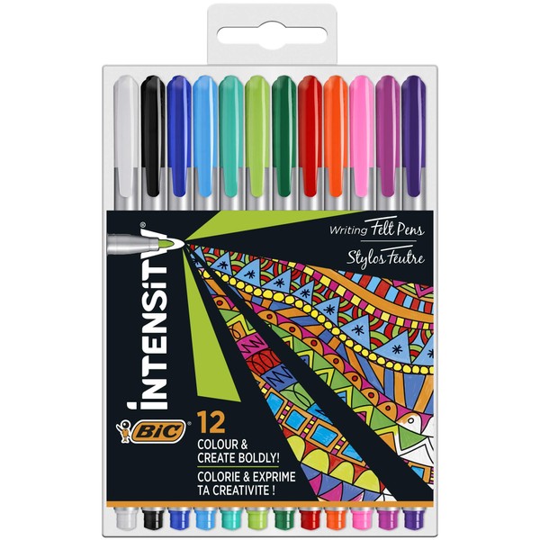 BIC Intensity Medium Felt-Tip Pens, Medium Tip, Box of 12 Caja de 12 rotuladores de punta media Assorted