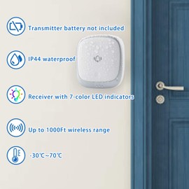 Wireless Doorbell with 38 Chimes, IP44 Waterproof, 1000ft Range, 85dB Loud, 4 Volume Levels, Mute Mode, for Home, Office, Classroom, Kids Room (White)