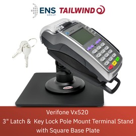 ENS Tailwind Verifone Vx520 3" Latch and Key Lock Compact Pole Mount Terminal Stand with Square Freestanding Mobility Base Plate, Black