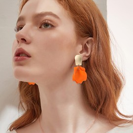 Summer Boho Long Acrylic Rose Petal Earrings Dangle Exaggerated Flower Earrings Drop Floral Tassel Earrings for Women Great for Party (Short Desgin-Orange)