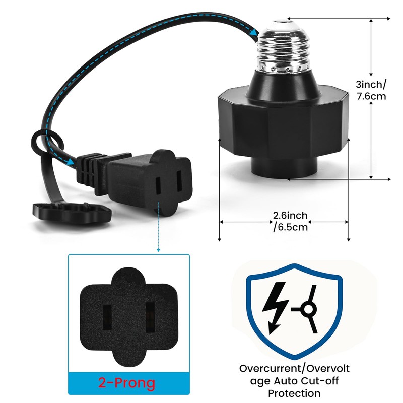 E26 Socket to AC Outlet Power Adapter, 2-Prong Plug Light