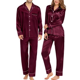 SWOMOG Couples Matching Pajamas Sets Women & Men Silk Satin Long Sleeve Button Down Sleepwear 2 Pcs Classic Loungewear Women Deep Wine Red Medium