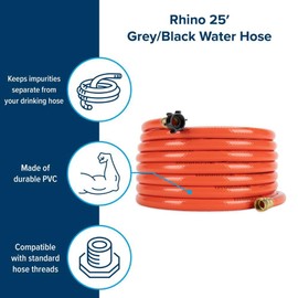 Rhino RV Sewer Hose Kit with Clear Adapter, 25 ft, Orange, Durable PVC, Standard Thread Compatible, With 3" Rigid Hitch Logo Decal