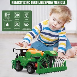 Hitish Remote Control Tractor Farm Toy 2.4Ghz, 1/24 Scale RC Fertilize Spray Vehicle for Kids with Light Sound, Toddlers Farm Truck Gift for Boys Girls Ages 3 and Up, 2 Rechargeable Batteries Included