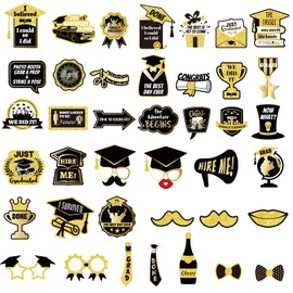 Gosknor 40stk Abschluss-Fotorequisiten, Abschlussjahrgang 2025 Dekoration Lustige Tortenaufsätze Tafelaufsatz Schilder für Abschlussfotos Fotohintergründe für Uni Schule Partys (Schwarz/Gold)