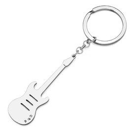YAYAKO Bass Guitar Keyring, Stainless Steel Piano Keyring, Musical Instrument, Guitar Gifts for Women, Girls, Car Key Charms, Silver plated guitar