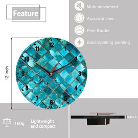 SPUNKER Clocks for Living Room,Turquoise Geometric Kitchen Wall Clock,Teal Mosaic Clocks 10 Inch Silent Non-Ticking Wall Battery Operated for Living Room Bedroom Bathroom Laundry Room Decor
