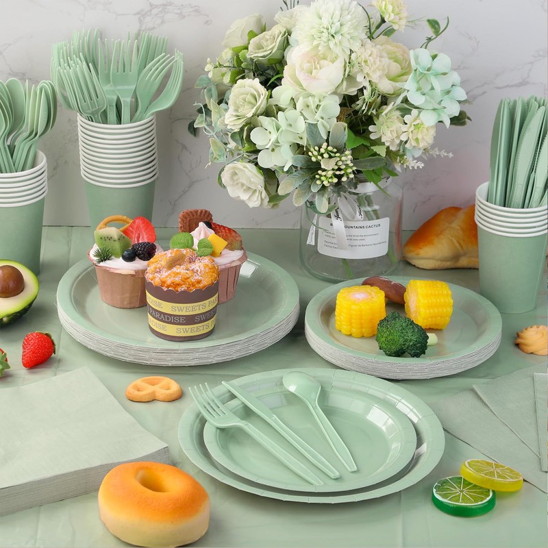Pack of 16 Sage Green Paper Plates, 18 cm Round