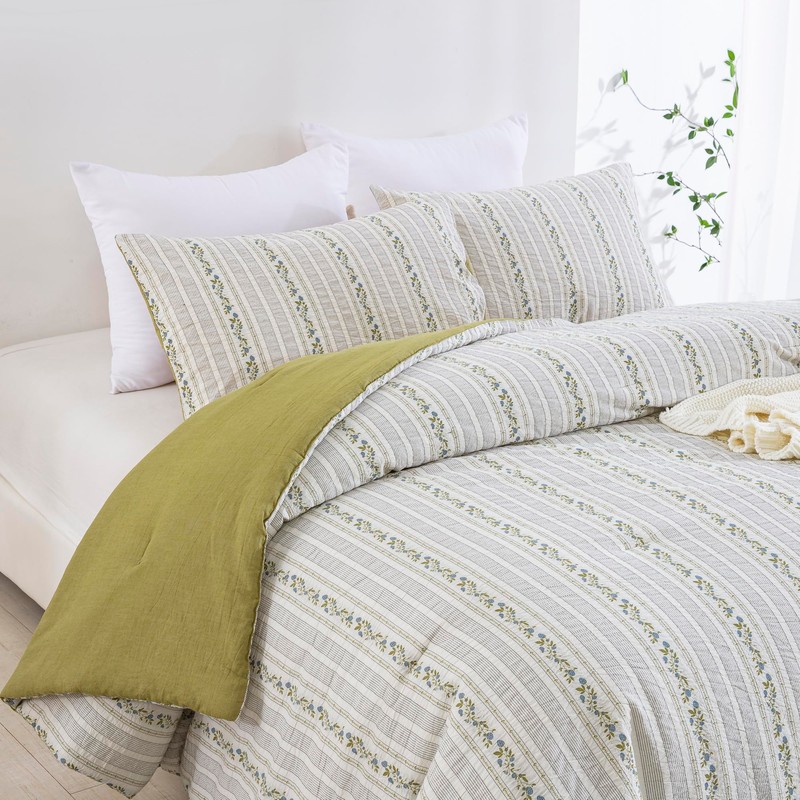 Purefair 100% Cotton Jacquard Comforter Set, Striped Floral Print, Soft