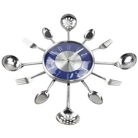 Timelike Wall Clock, 18" Metal Cutlery Utensil Kitchen Spoon Fork Wall Clock Creative Modern Home Decor Antique Style Wall Watch (Blue)