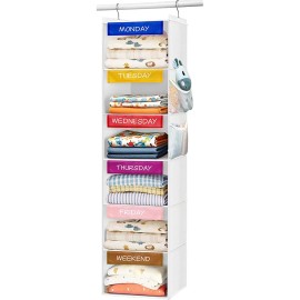 Foldable 6-Shelf Hanging Closet Organizer with Colorful Labels, Weekly Clothes Organizer for Kidscolor: White, size: 11.8" x 11.8" x 50"