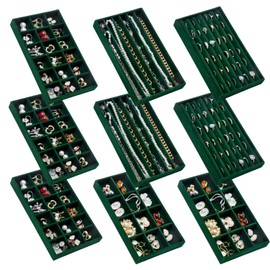 SPAKOWN Jewelry Organizer for Drawer, Adjustable Velvet Jewelry Tray, Stackable Necklace Organizer Earring Holder Organizer Ring Tray Jewelry Storage Display Drawer Inserts Set of 9 (Green)