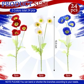 Hoteam 24 Pcs 4th of July Artificial Flowers Patriotic Red Blue White Poppy Flowers Fake Poppy Floral Arrangement for Independence Day Party Decor Home Veterans Memorial Day Indoor Table Centerpiece