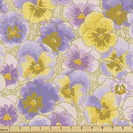 Ambesonne Floral Fabric by The Yard, Hand Drawn Pansy Flowers Garden Botanical Watercolor Pattern, Decorative Fabric for Upholstery and Home Accents, 1 Yard, Lavender Yellow