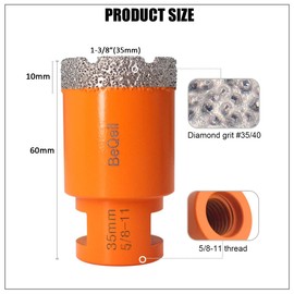 BeQell Dry Diamond Core Drill Bits 1-3/8 Inch 35mm for Porcelain Tile Ceramic Marble Brick Granite Drilling,5/8-11 Thread Vacuum Brazed Diamond Hole Saw for Bathroom Kitchen Remodel