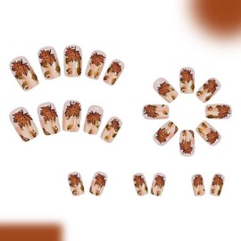 Autumn Press on Nails Square Medium Fake Nails with Maple Leaf Designs Glue on Nails Thanksgiving Day False Nails Stripes Glossy Acrylic Artificial Nails Full Cover Stick on Nails for Women 24 Pcs