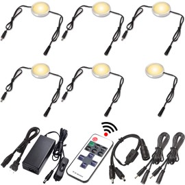 Lvyinyin LED Under Cabinet Lighting Linkable Kit, Wireless Dimmable Puck Lights, RF Remote Control, 110V to 12V Direct Wired Power Adapter, Black Cable, 6 Lights, Warm White