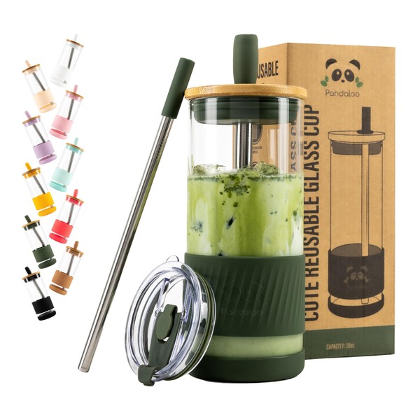 Pandaloo Glass Cups With Lids and Straws -20 Fl Oz-