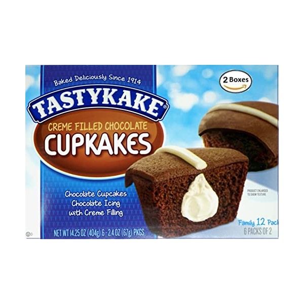 Tastykake Chocolate Cream Filled Iced Cupcakes, (2 Family Pack Boxes)