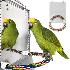 BWOGUE Large Stainless Steel Bird Mirror with Rope Perch Cockatiel Mirror for Cage Bird Toys Swing Parrot Cage Toys for Parakeet Cockatoo Cockatiel Conure Lovebirds Finch Canaries