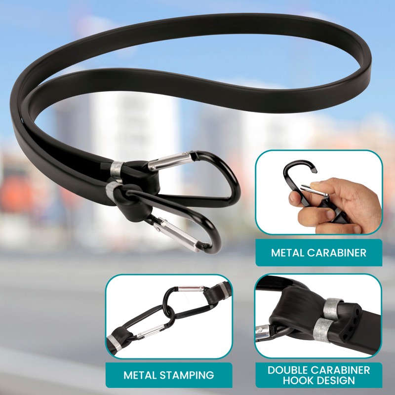 Belle Vous Black Bungee Cords/Tensioning Straps with Carabiner Hooks (4
