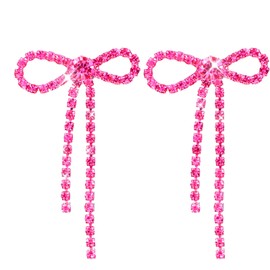 Heclia Pink Rhinestone Bow Earrings for Women, Dangling Bowknot Earrings, Sparkly Wedding Prom Jewelry, Hot Pink Drop & Dangle Earings, Gift for Wife Bridesmaids