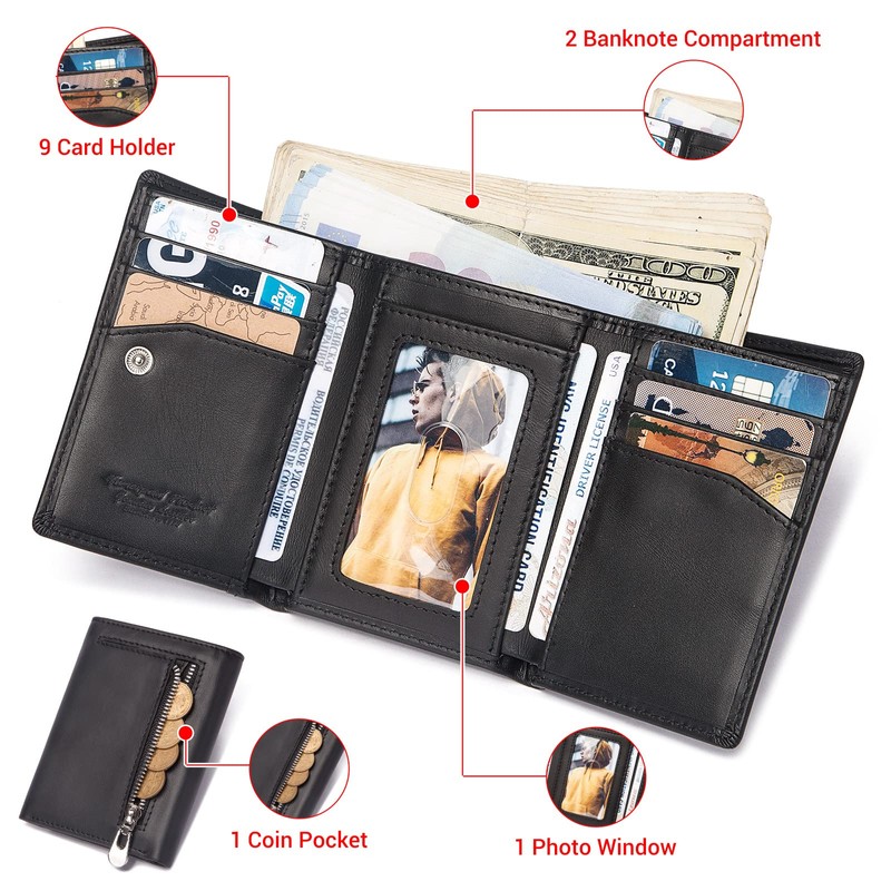 HUMERPAUL Men's RFID Blocking Tri-Fold Genuine Leather Wallet with 9