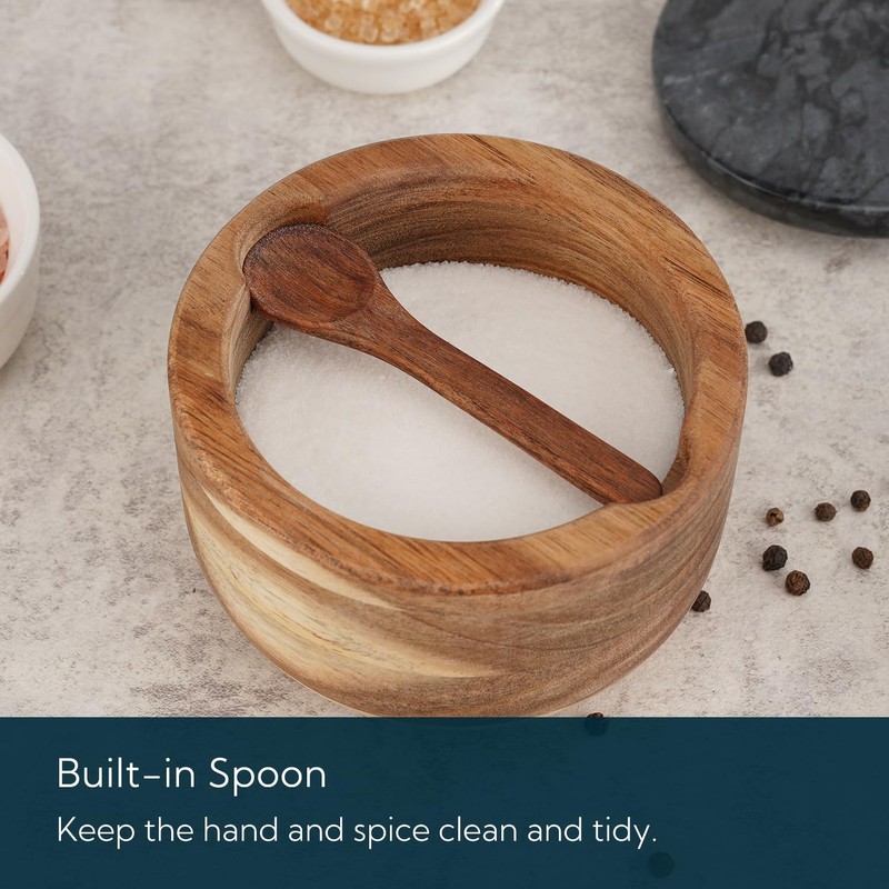 KITCHENDAO Large Acacia Salt Cellar Box Bowl with Built-in Spoon
