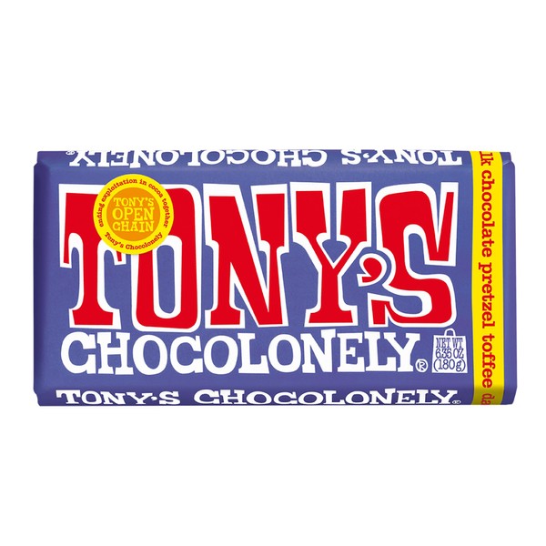 Tony's Chocolonely 42% Dark Milk Chocolate Bar with Pretzel and Toffee Belgium Chocolate, No Artificial Flavoring, Fairtrade & B Corp Certified - 6.35 Oz