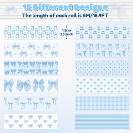 BkeeCten 12pcs Coquette Blue Washi Tape, Trendy Watercolor Blue Bow Cherry Preppy Aesthetic Decorative Tape, Cute Bowknot Heart Buffalo Plaid Artistic Tape for DIY Craft Scrapbook Wrapping Decor