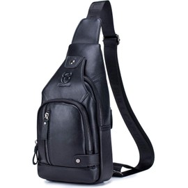 Leather Sling Bag Men Chest Shoulder Backpack Crossbody Bag with USB Charging Port for Travel, Hiking, Cycling