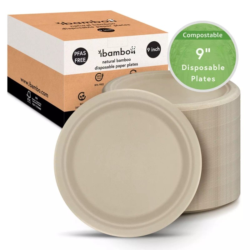 Ibambo Bamboo Disposable Paper Plates - Compostable Plate, PFAS Free