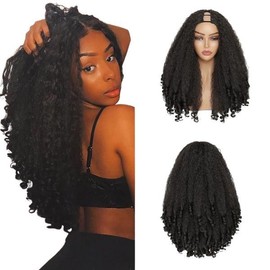 New Afro Curly Blowout V Part Wig Synthetic Braided Hair Texture with Unique Bouncy Curls in the End 20 Inch Soft Curly Full Hair V Part Wigs Synthetic for Black Women No Leave out Clip in Half Wig:_#2