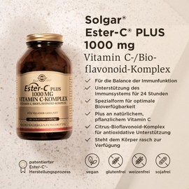 SOLGAR® Ester-C Plus (1000 mg) | Vitamin C-Komplex mit patentiertem Ester-C®, Citrus Bioflavonoiden, Acerola-Extrakt, Hagebutten-Pulver und Rutin | 180 vegane Tabletten