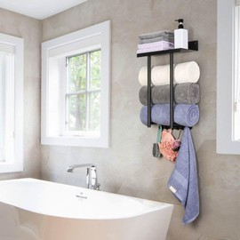 Towel Rack Wall Mounted,Bathroom Rolled Towel Holder,Metal Black Shelf Towel Hanger,Nails Bath Blanket Storage,Stainless Steel Shower Hooks Towel Organizer,Home Bathroom Accessories