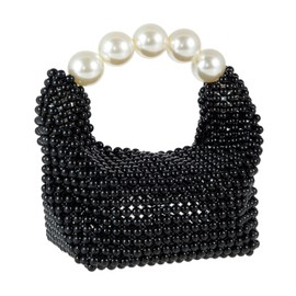 Abvokury Women Pearl Beaded Clutch Handle Bag Evening HandBag for Wedding Party (Black)