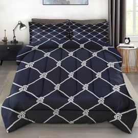 Pamnest Comforter Set Full Size, Nautical Navy Blue Fishing Soft 3 Pcs Bedding for Kids and Adults, Sea Sailor Geometric Comforter Set with Pillowcase, for Bedroom Bed Decor